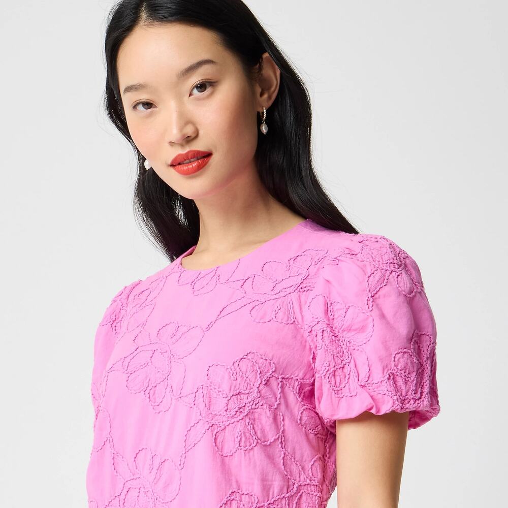 NWT J Crew Factory Embroidered Puff-Sleeve Mini Dress Coquette Pink Size 14 - Picture 2 of 4